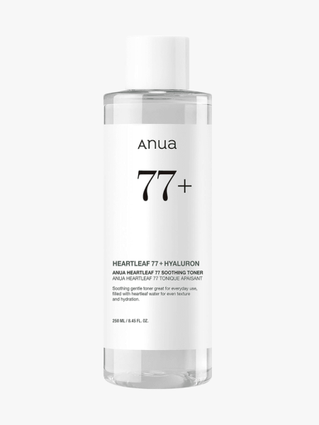 Anua Heartleaf 77 Soothing Toner in branded component on a light gray background