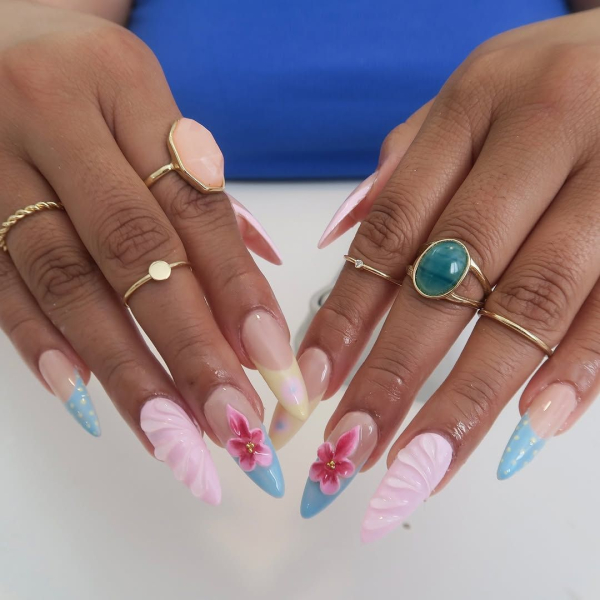 Tropical pink and blue flower nail art